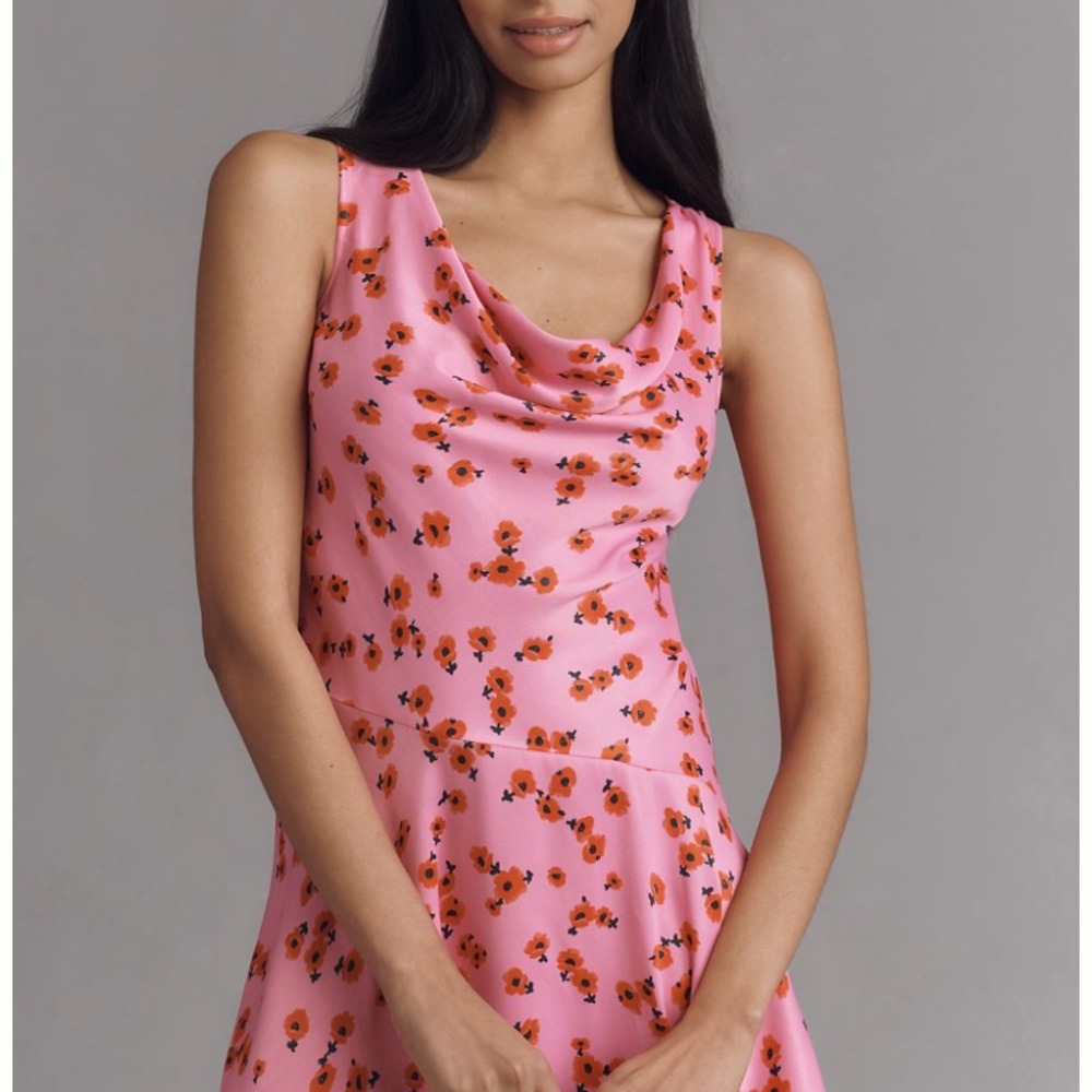 Anthropologie cowl neck satin mini pink floral dress